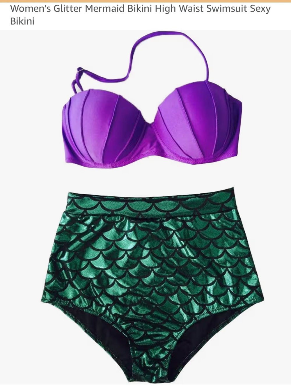 Pinup Mermaid Bikini Set - Purple Shell Top & Green Scale High Waist Bottoms
